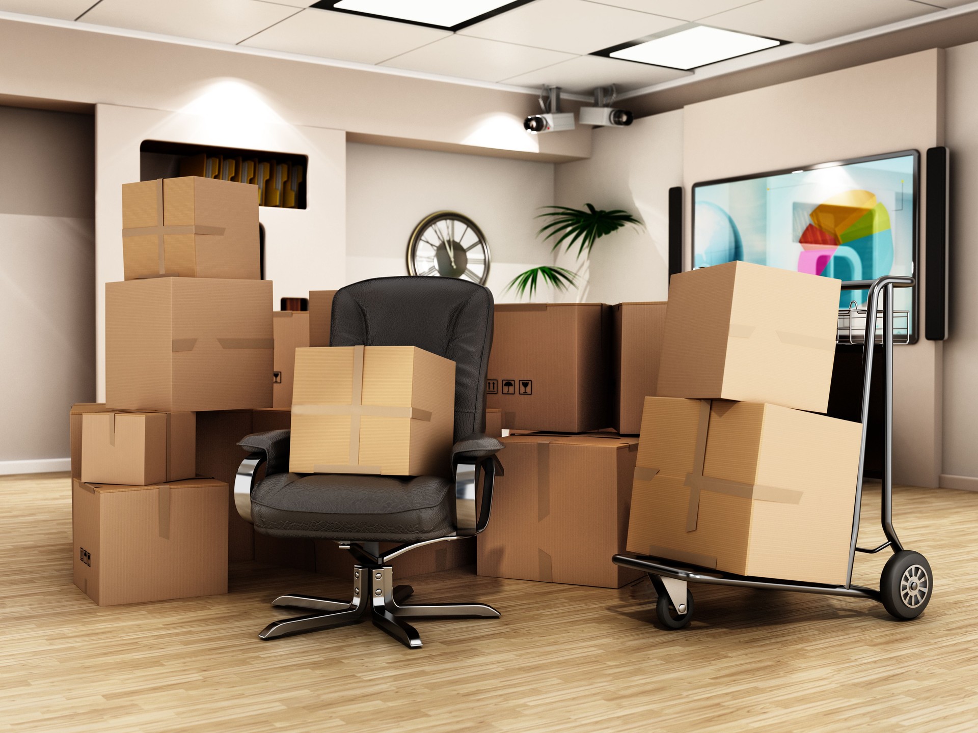 Cargo boxes standing at the middle of the office room. Office relocation concept